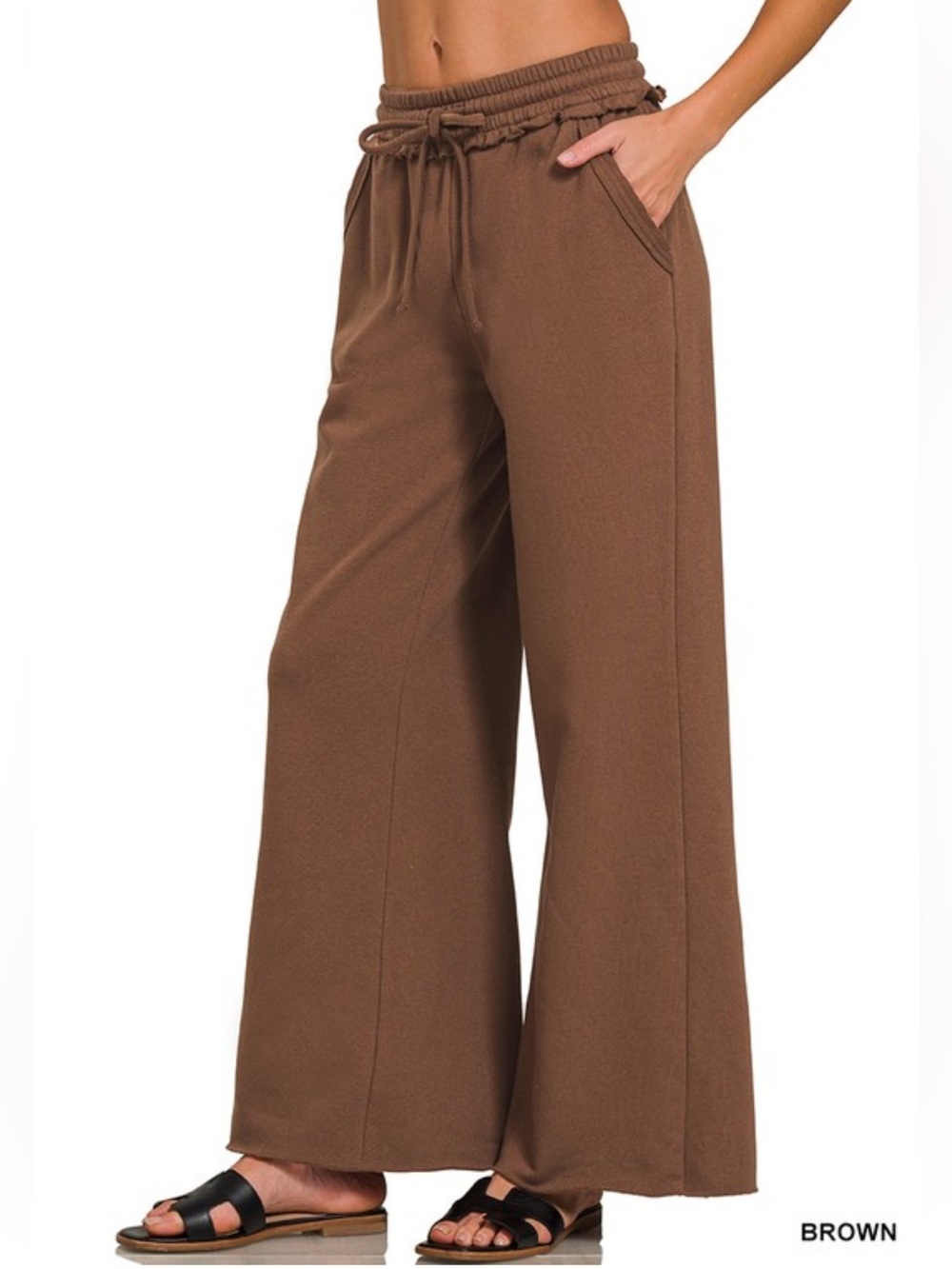 Zenana Brown Wash Cotton French Terry Wide Leg Pants